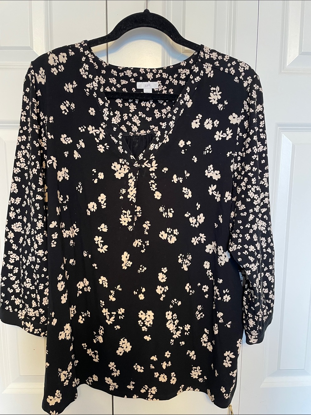 J. Jill Black Blouse with Cream Floral Print